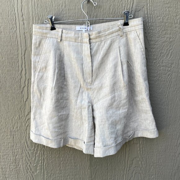 FRAME Pleated Size 4 Shorts Khaki Linen Blend Cuff Hem High Waist Pockets Preppy - Picture 2 of 7